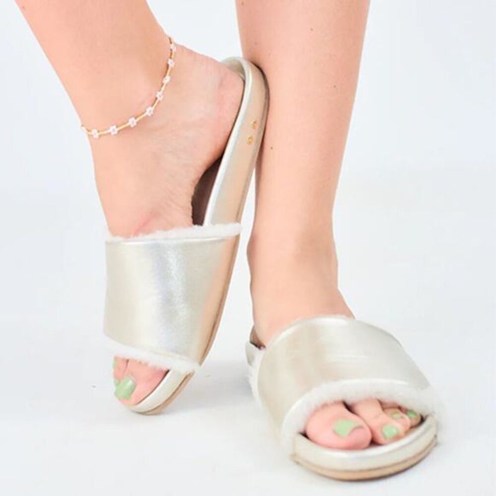 NEW Beek Gallito Shearling Platinum Metallic Leather Slide Slippers